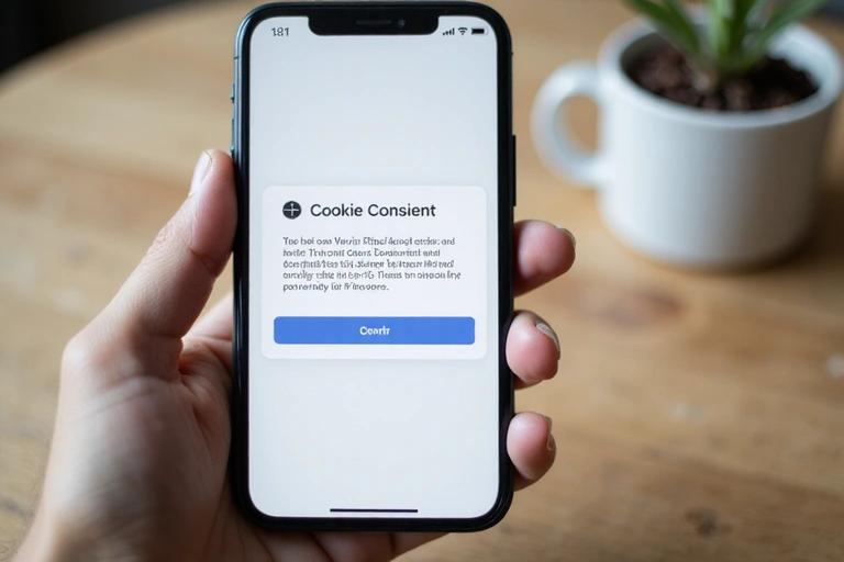 Hand hält ein Smartphone mit Cookie-Zustimmung