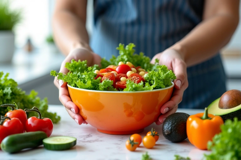 Eine Person, die einen gesunden Salat zubereitet, umgeben von frischen Zutaten.