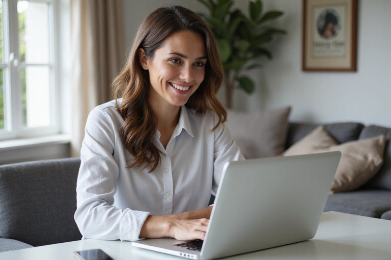 Eine Frau, die lächelnd an einem Laptop sitzt und eine Online-Beratung erhält.